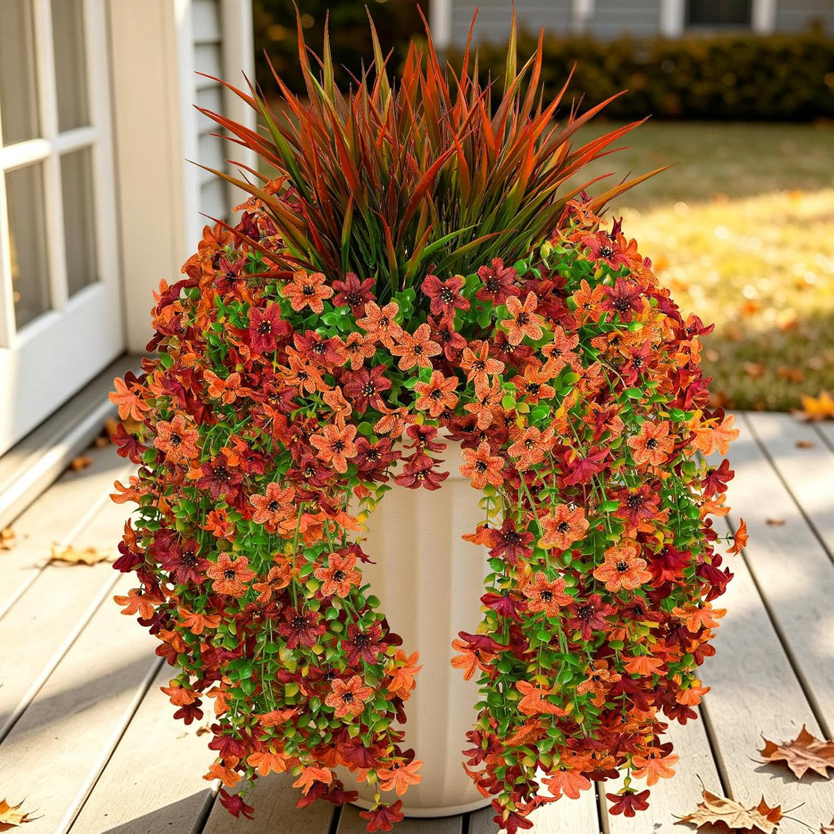 7PCS Artificial Fall Hanging Flowers for Outdoor, Six-Petaled Faux Mums