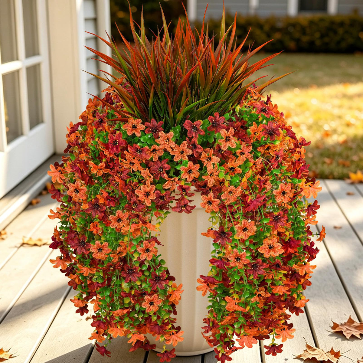 7PCS Artificial Fall Hanging Flowers for Outdoor, Six-Petaled Faux Mums