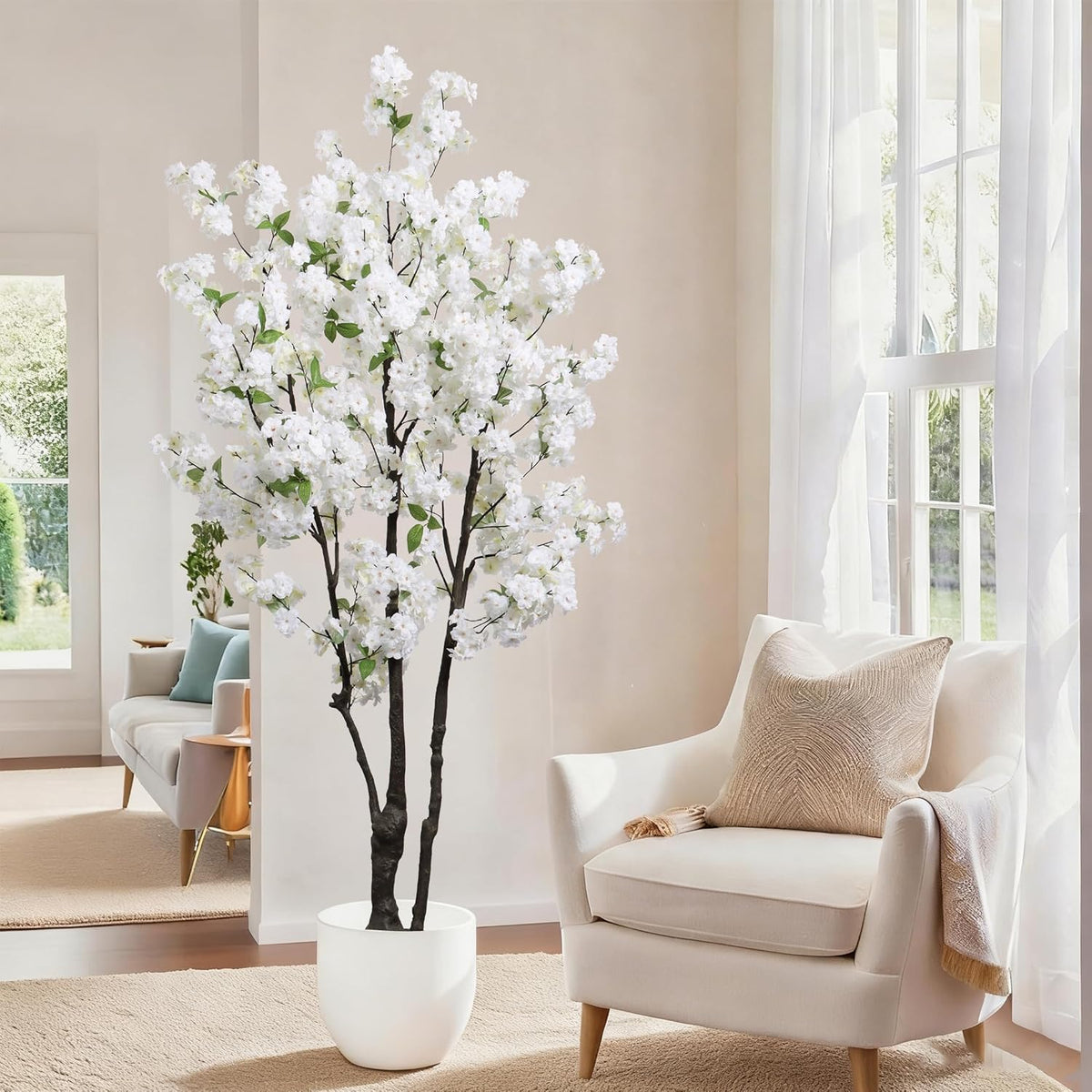 Artificial White Cherry Blossom Tree 6ft(72in) Faux Plant for Indoor Decor