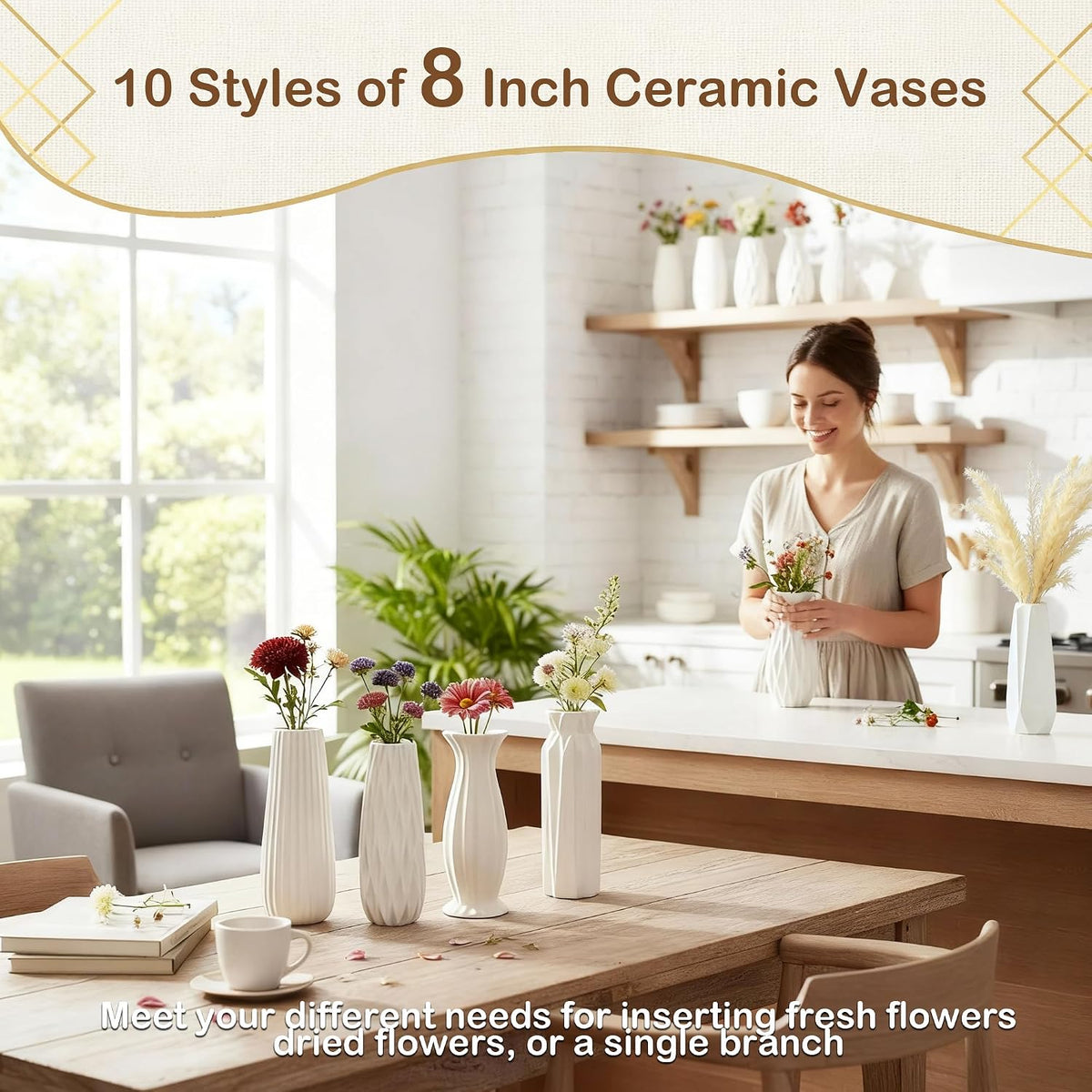 10-Piece 8 Inch White Ceramic Vases Set - Not Glazed Minimalist White Vases for Home Decor, Weddings, Pampas Grass & DIY Crafts | Rustic Matte White Ceramic Vases Bulk