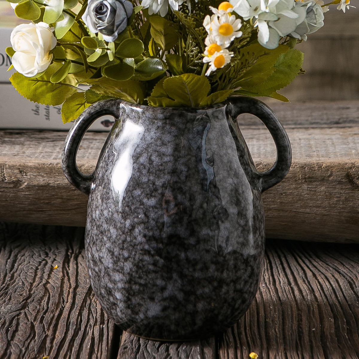 Tanvecle Brown Ceramic Vase with Handles, 7" Modern Farmhouse Decor