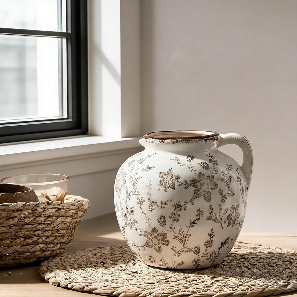 5.39 Inch Vintage Brown Chinoiserie Floral Vase, Antique Rustic Ceramic Vase for Home Decor, Living Room, Bookshelf, Office, Entryway, Garden, Chinoiserie Decor, Tuscan Decor