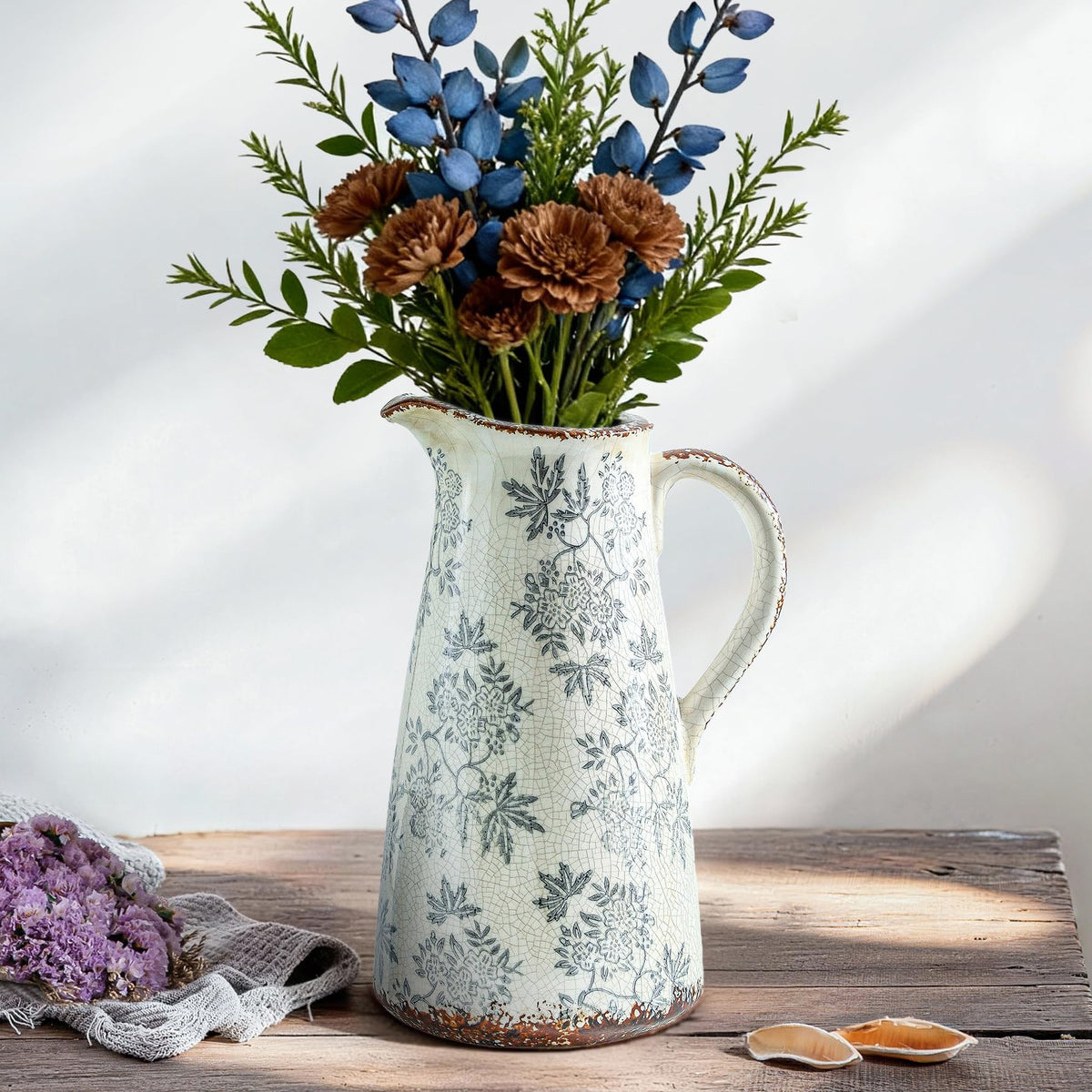Enra Blue and White Ceramic Vase with Handles, Chinoiserie Floral Decor