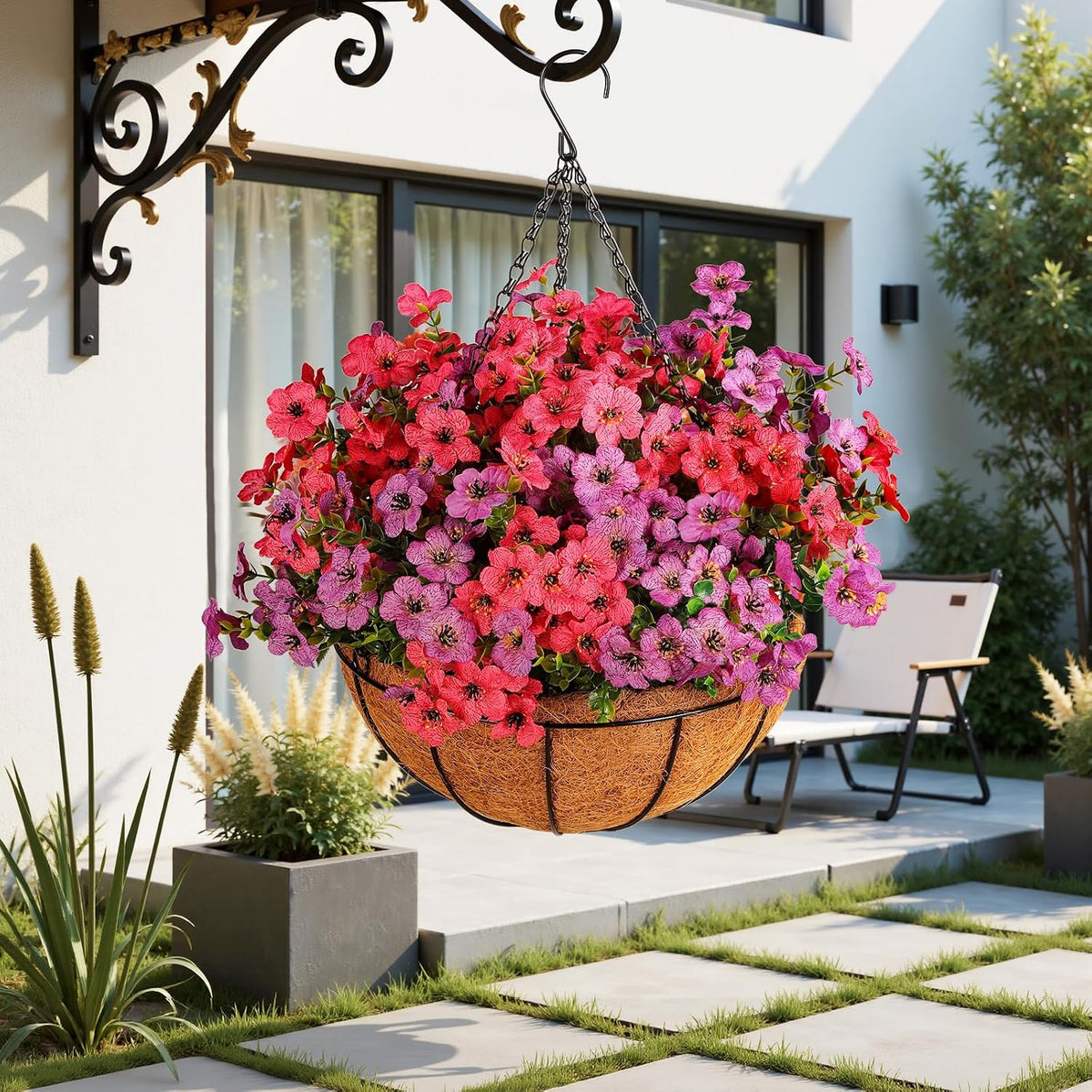 Artificial Outdoors Flowers with Hanging Basket, UV Resistant Fake Hanging Flowers for Spring Summer Decoration, Faux Silk Plants with Planters for Porch Home Patio Balcony Yard (Rose Red, Purple)