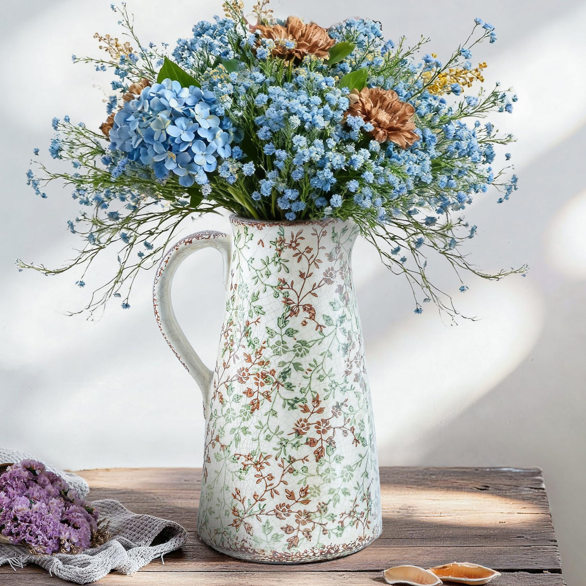 Enra Blue and White Ceramic Vase with Handles, Chinoiserie Floral Decor