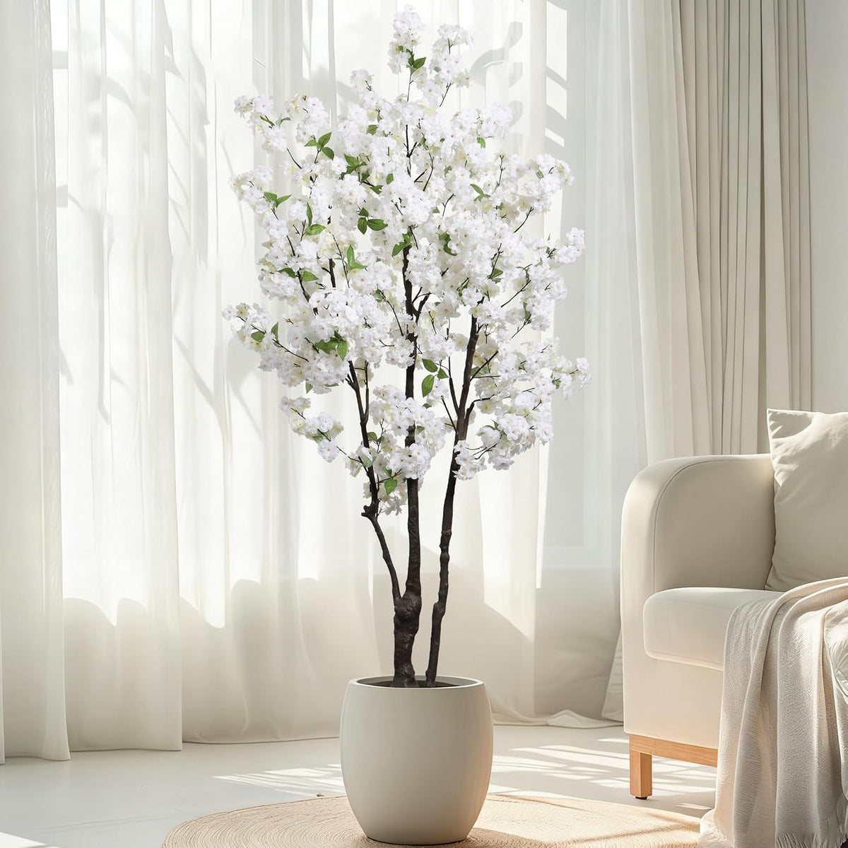 Artificial White Cherry Blossom Tree 6ft(72in) Faux Plant for Indoor Decor