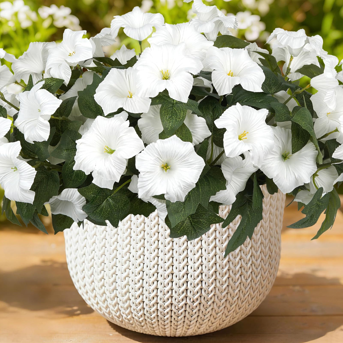 Artificial Flowers for Outdoors, Faux Morning Glory Spring Summer Decoration, Fake Flowers Plants UV Resistant Look Real Silk Flowers for Outside Planter Front Door Porch Patio Yard (12, Purple-White)