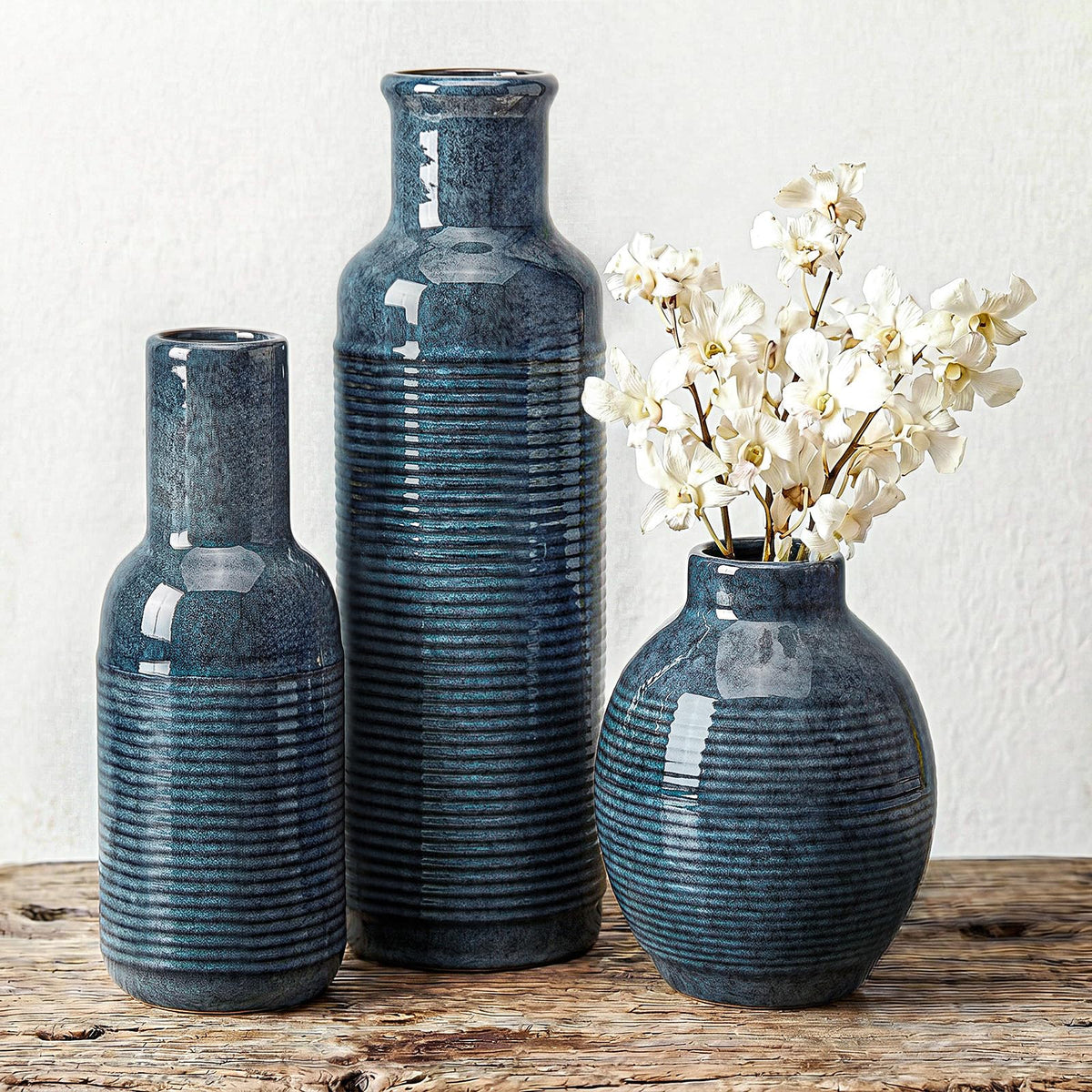 Rustic Farmhouse Vase Set of 3 - Ceramic Decorative Vases Home Decor - Pampas Grass Dried Fresh Flowers - for Centerpiece, Table, Mantel Entryway, Kitchen, Bedroom (White2)