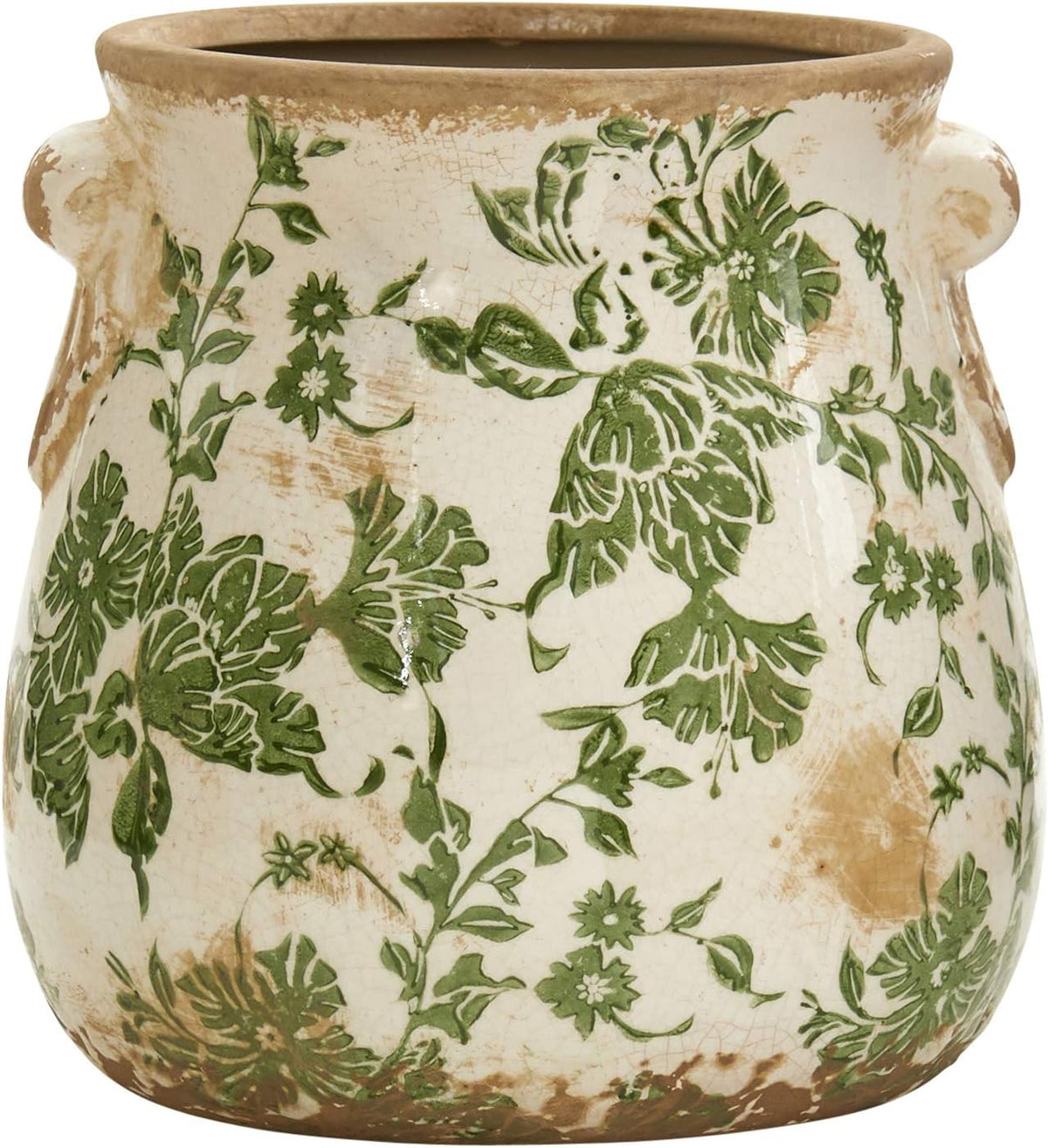 Nearly Natural 6.5 in Tuscan Ceramic Green Floral Scroll Decorative Vase
