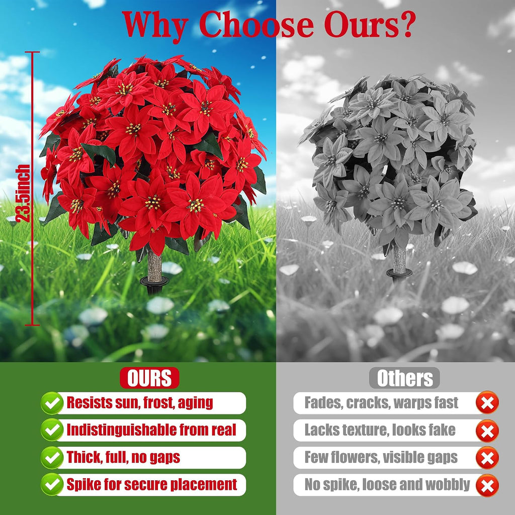 Sggvecsy Artificial Poinsettia Flowers 2 Pack for Grave Christmas with Pike
