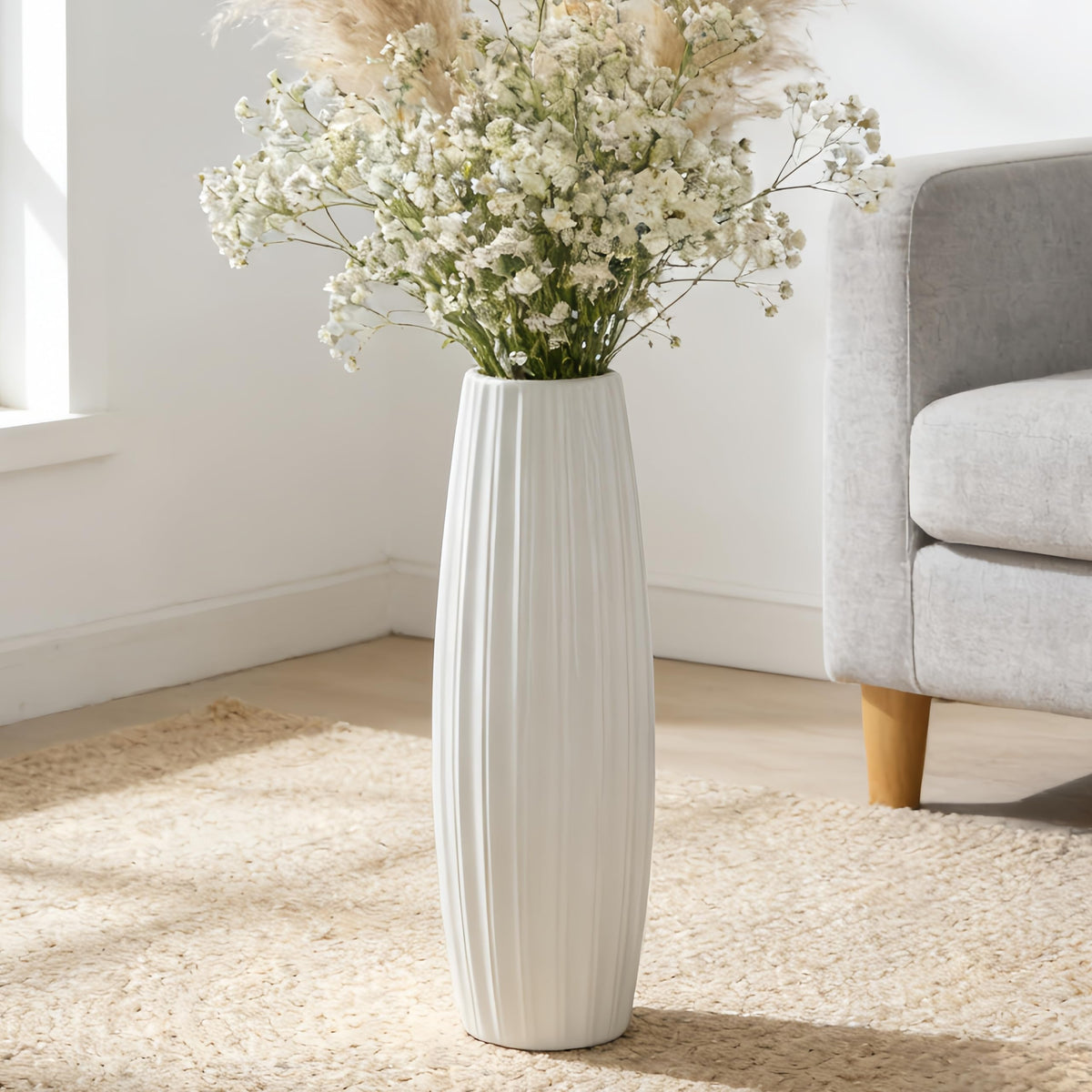 Large White Ceramic Vase, 17.7" Tall Floor Vase for Pampas Grass