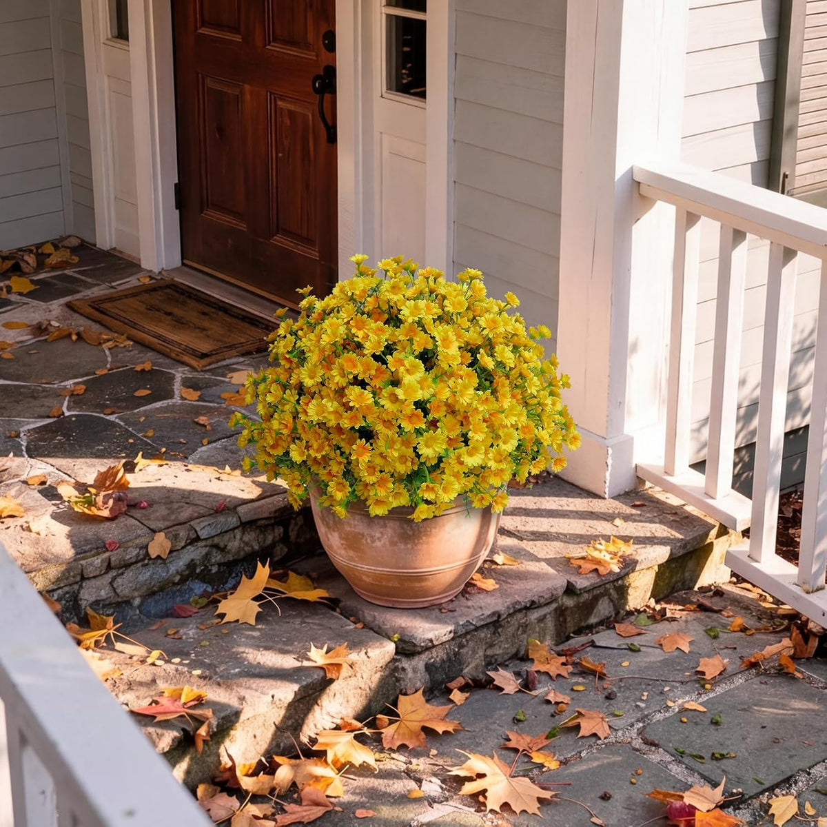 alyptus Fake Flowers Yellow Fall Flowers for Outdoors - 8 Bundles Artificial Mums UV Resistant for Home Garden Window Fall Decor
