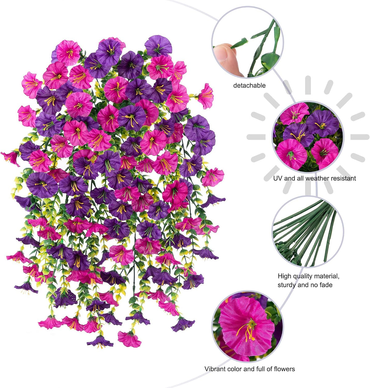 Ivydale 2 PCS Artificial Hanging Flowers Fake Plants Outdoor,Silk Morning Glory Faux Flowers with Eucalyptus Leaf,UV Resistant Realistic Hanging Petunias Plants for Home Garden Decor (Purple+Fuchsia)