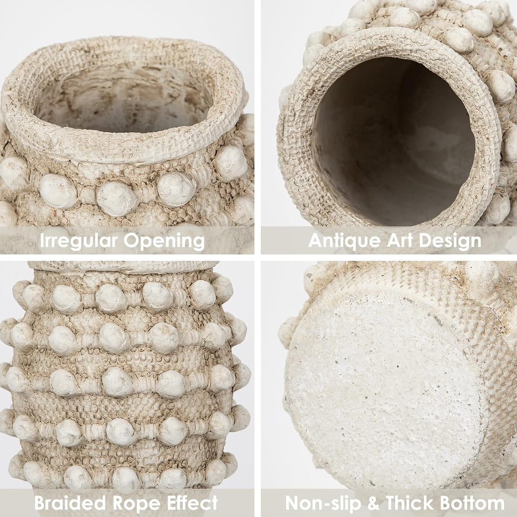 Rustic Farmhouse Vase, Boho Beige Vase for Pampas Grass Small Textured Knotted Vases for Flowers Decorative Cement Floral Vases for Home Decor, Living Room, Dining Table