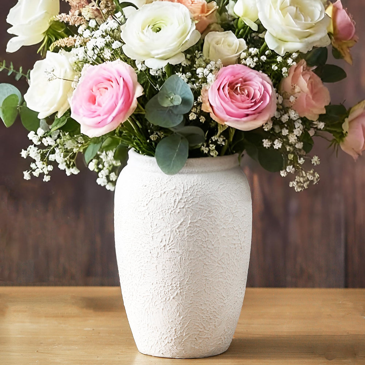 Ceramic Flower Vase, 7.4 Inch Rustic Farmhouse Pottery Decor