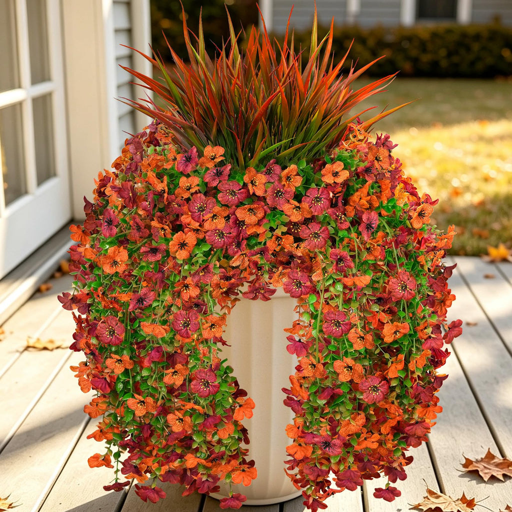 7PCS Artificial Fall Hanging Flowers for Outdoor, Six-Petaled Faux Mums