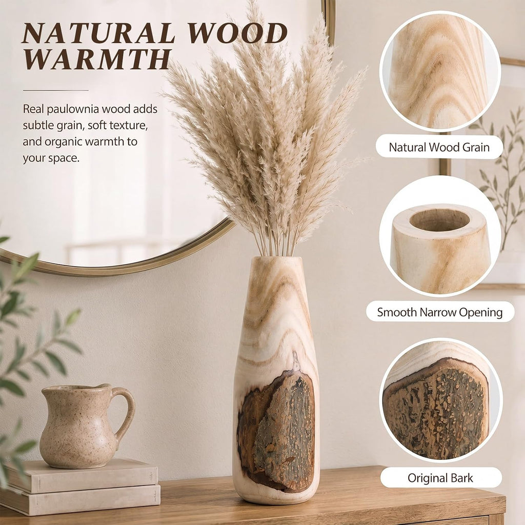 2 Pcs Paulownia Wooden Rustic Vase Live Edge 13", 16" H Floor Vase
