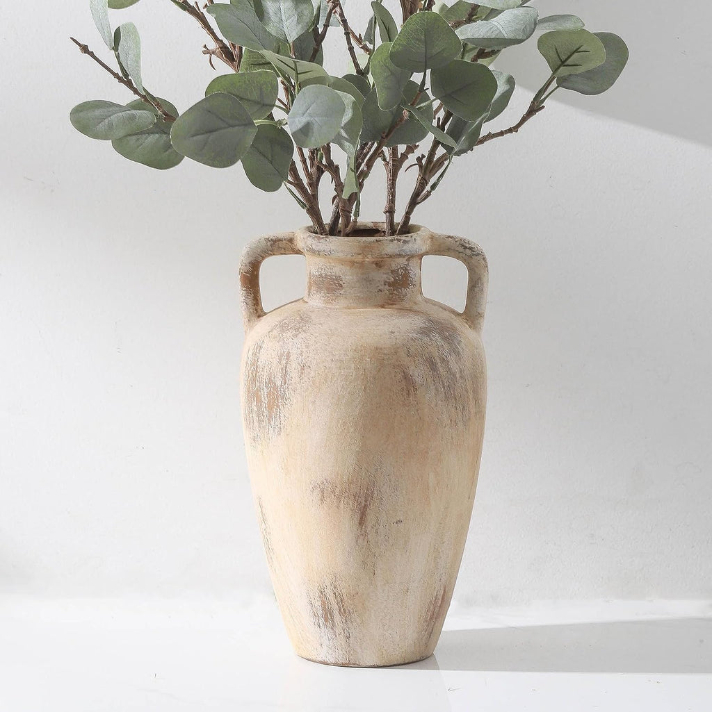 Ceramic Flower Vase, 11.41 Inch Tall Farmhouse Vase with Handles