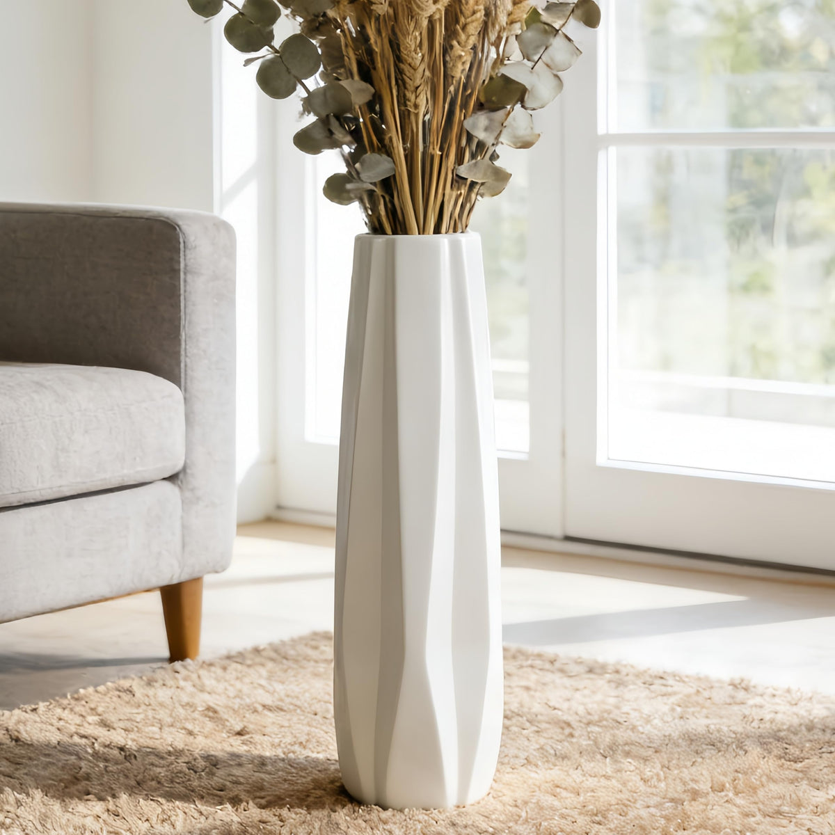 Large White Ceramic Vase, 17.7" Tall Floor Vase for Pampas Grass