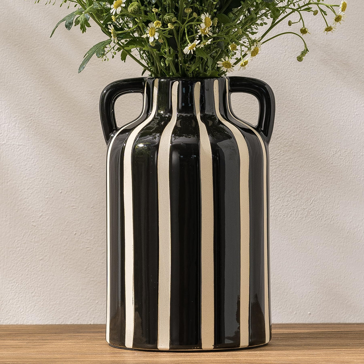SURE YUESI Black Ceramic Vase with Handles, 9.1 Inch Striped Flower Vase for Halloween Decor, Modern Farmhouse Vase for Pampas Grass, Shelf Decor, Dining Table Centerpiece