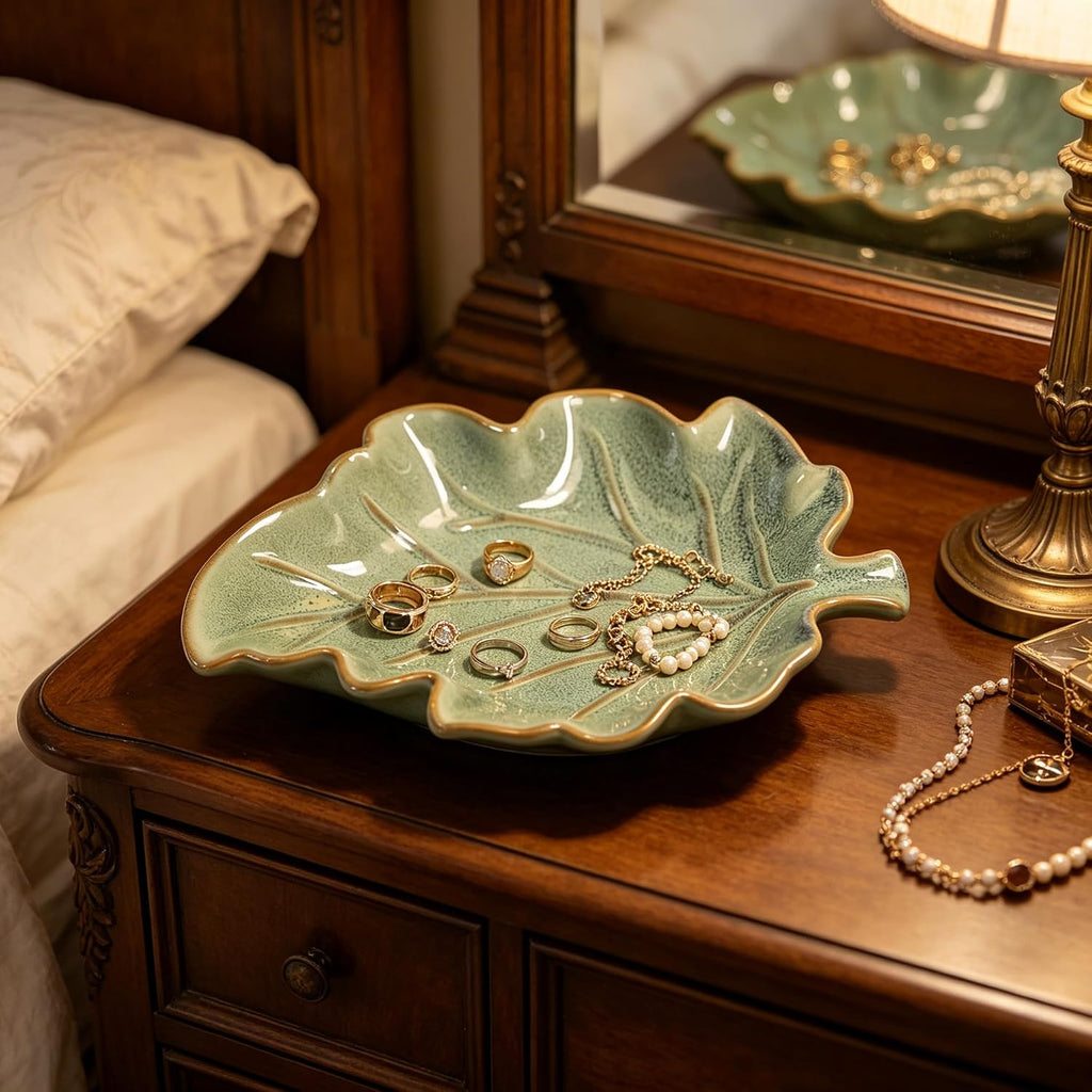 Ceramic Leaf Shaped Dish 7.1" x 5.3" Small Decorative Tray for Jewelry, Soap, Keys, Snacks, Green Glazed Leaf Bowl for Bathroom Vanity, Kitchen Counter, Boho Farmhouse Home Decor