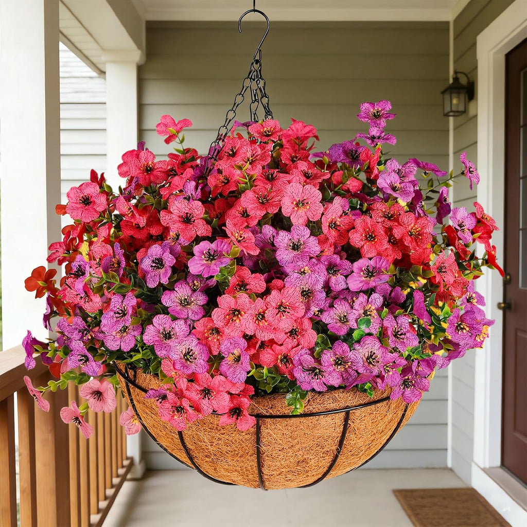 Artificial Outdoors Flowers with Hanging Basket, UV Resistant Fake Hanging Flowers for Spring Summer Decoration, Faux Silk Plants with Planters for Porch Home Patio Balcony Yard (Rose Red, Purple)