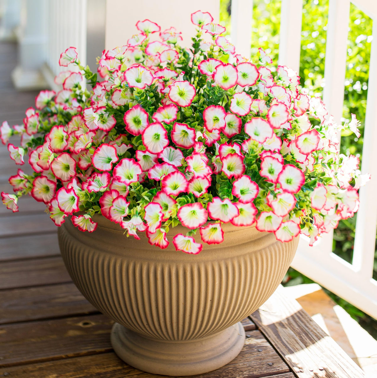 HyeFlora Artificial Flowers for Outdoors Fake Plants Outside Decoration, 12 Bundles Silk Colorful Morning Glory with Eucalyptus UV Resistant Realistic Faux Flowers for Planter Front Door Garden Yard
