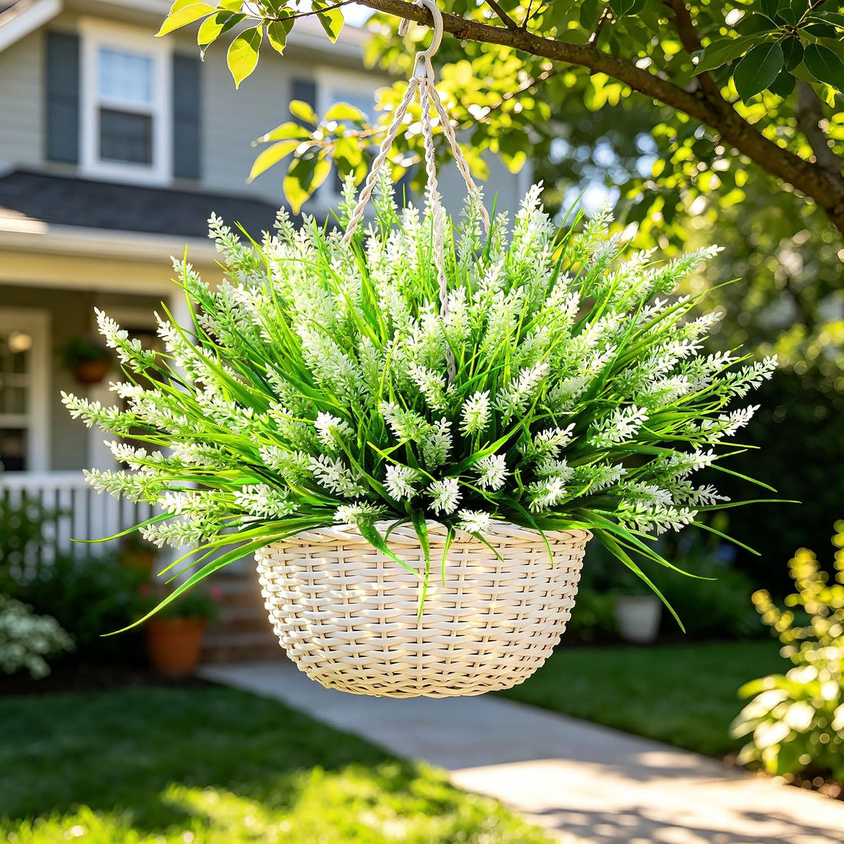 12 Bundles Faux Outdoor Plants, UV Resistant Artificial Fake Lavender Flowers with Monkey Grass for Outdoors, Realistic Faux Lavender Greenery Shrubs for Porch Yard Garden Window Box Home Decor