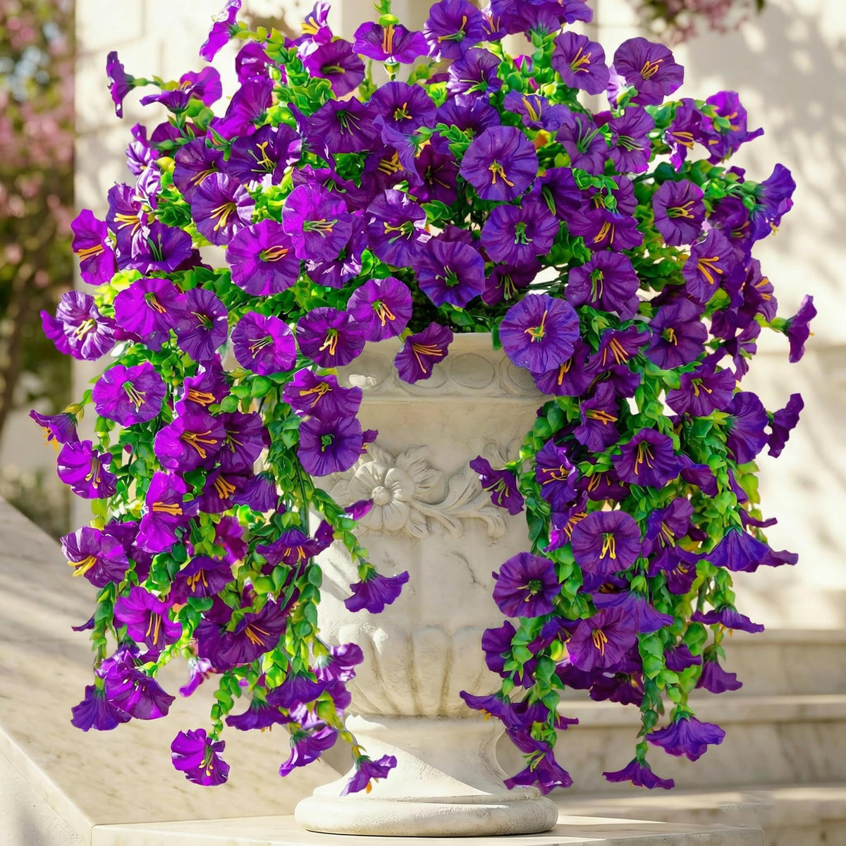 Ivydale 2 PCS Artificial Hanging Flowers Fake Plants Outdoor,Silk Morning Glory Faux Flowers with Eucalyptus Leaf,UV Resistant Realistic Hanging Petunias Plants for Home Garden Decor (Purple+Fuchsia)