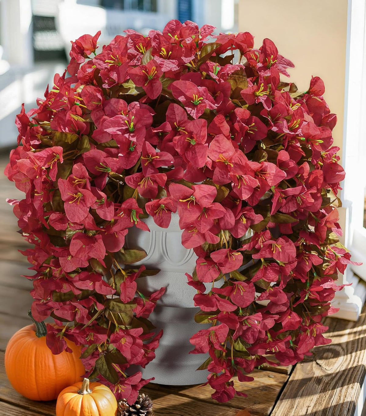 Bougainvillea Artificial Flowers for Outdoors Fake Plants Fall Autumn Decor, 2 pcs Faux Long Trailing Vines UV Resistant Look Real Red Silk Flowers for Outside Planter Front Door Porch Urn Yard Patio