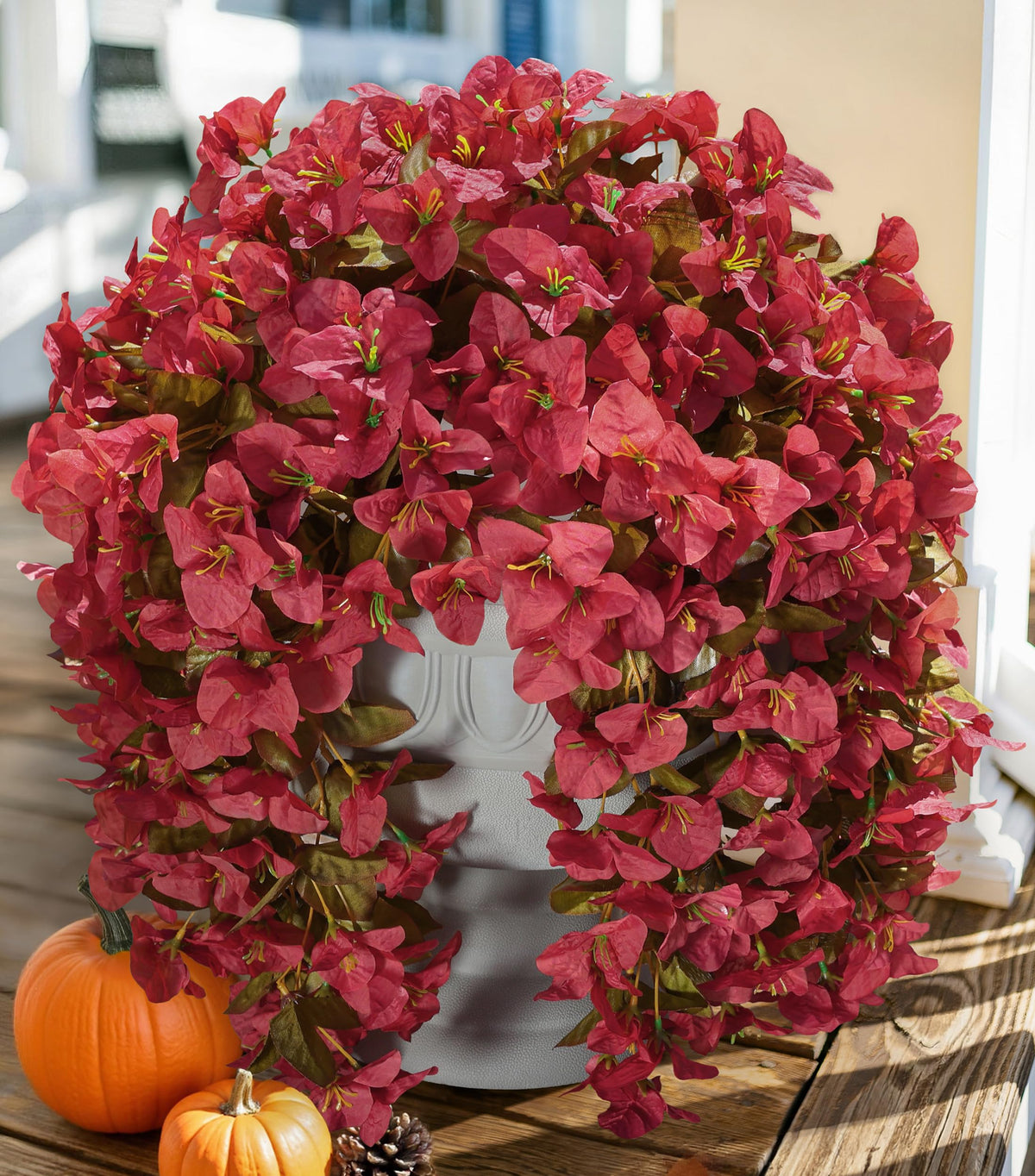 Artificial Bougainvillea Faux Flowers Plants for Outdoors Outside Fall Autumn Decor, 2 PCS Silk Trailing Vines UV Resistant Realistic Orange Fake Flowers for Planter Front Door Porch Patio Balcony