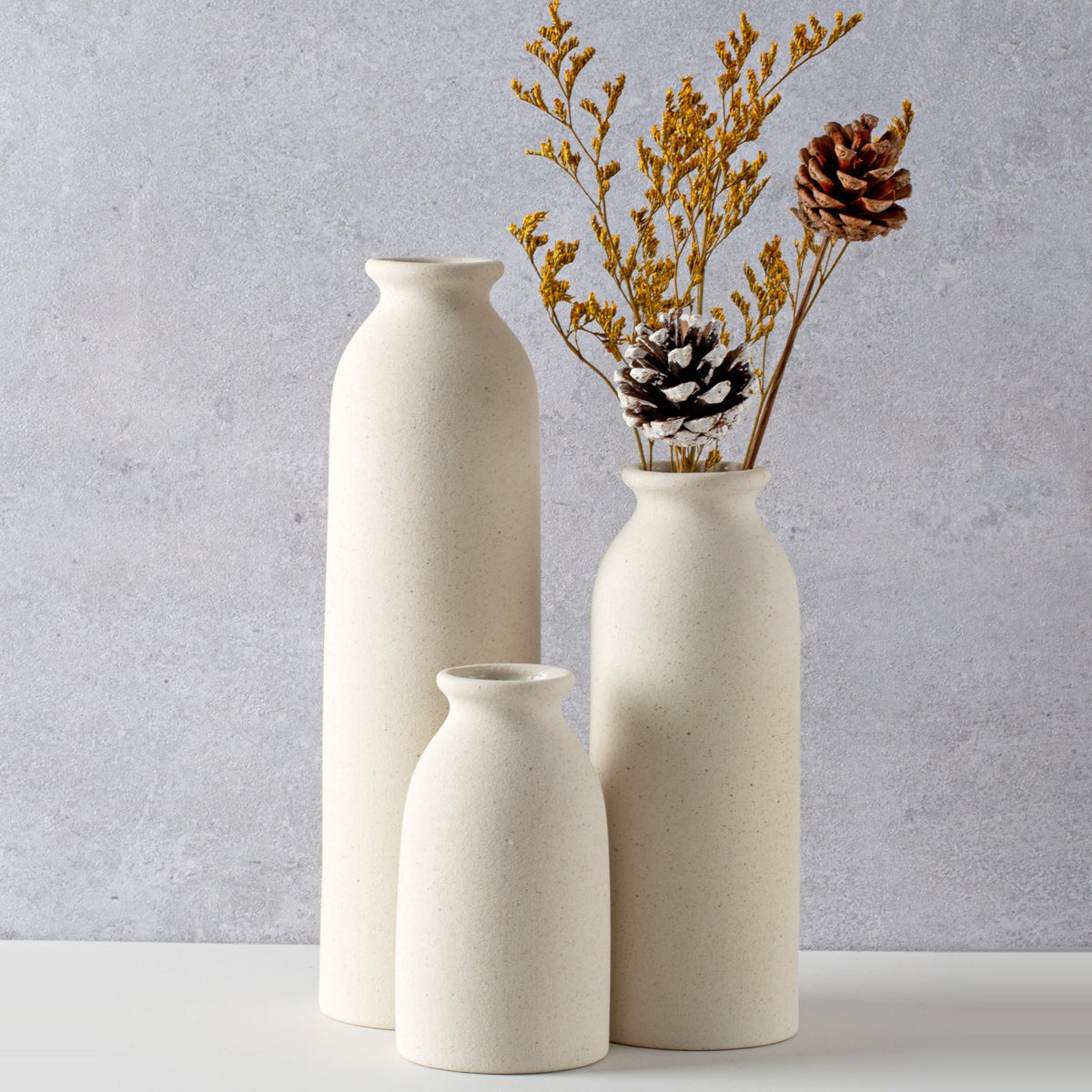 CEMABT Beige Ceramic vase Set-3 Small Flower vases for Decor,Modern Boho Farmhouse Home Decor,Decorative vase for Pampas Grass&Dried Flowers,idea Shelf,Table,Bookshelf ，Entryway- Distressed