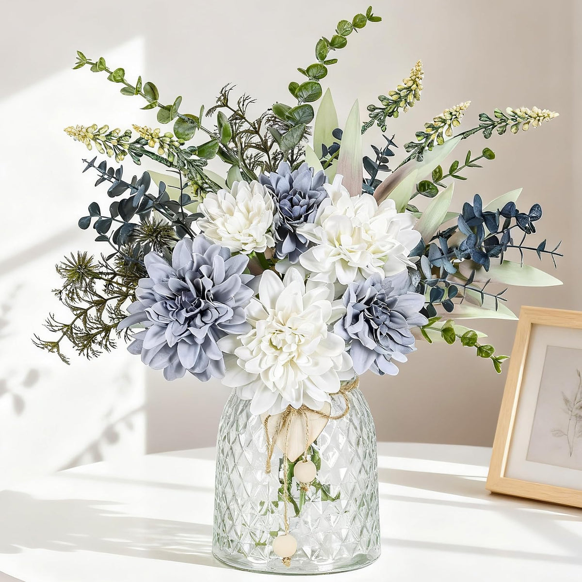 Der Rose 15" Navy Blue Fake Flowers in Glass Vase
