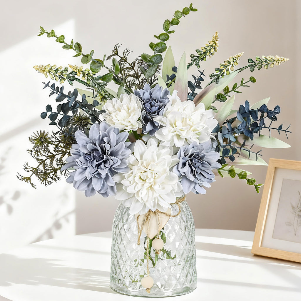 Der Rose 15" Navy Blue Fake Flowers in Glass Vase