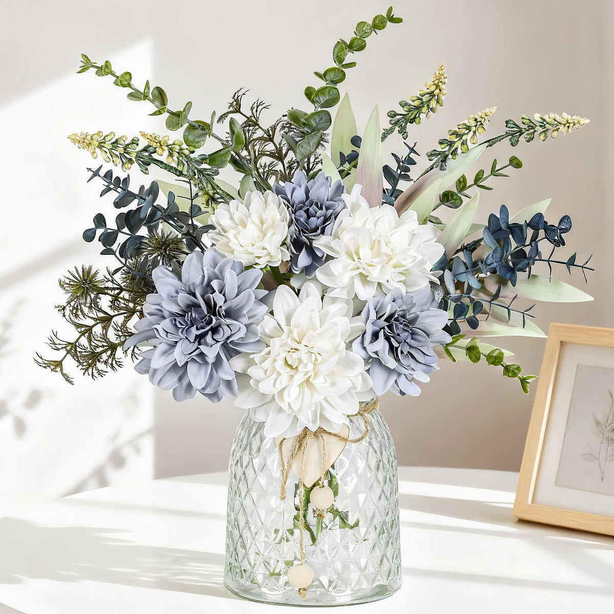Der Rose 15" Navy Blue Fake Flowers in Glass Vase