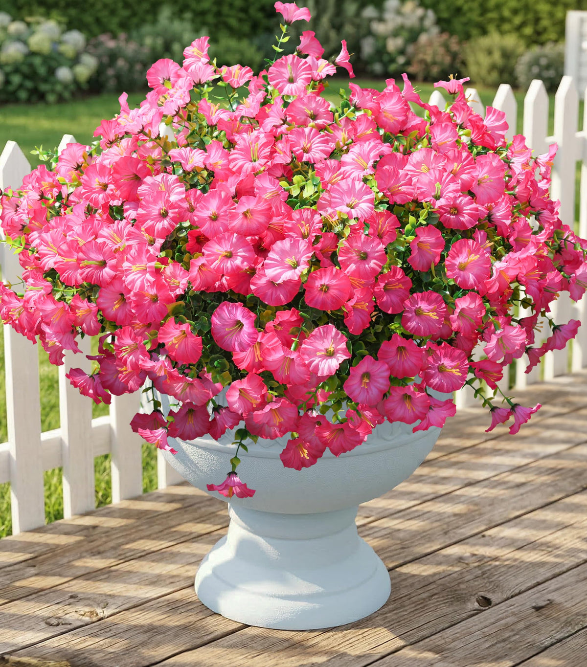 Fake Plants Artificial Flowers for Outdoor Outside Decor, 12 Bundles Faux Flowers Silk Hot Pink Morning Glory with Eucalyptus Look Real UV Resistant Faux Greenery for Planter Front Door Porch Patio
