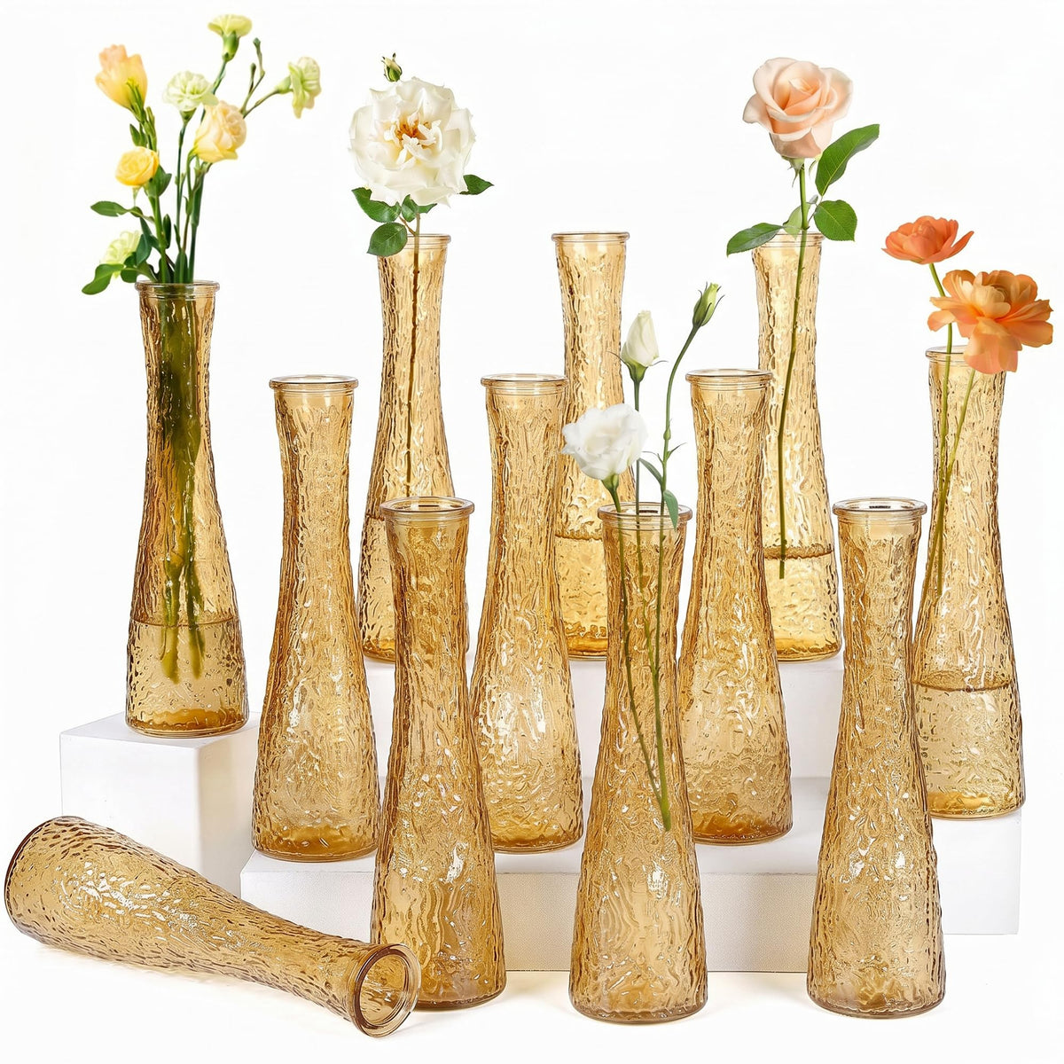 Glass Bud Vases Bulk 12 Pcs - Golden Water Ripple Wedding Centerpiece Vases, Small Flower Vases for Table Decor, Party Events & Home Decor