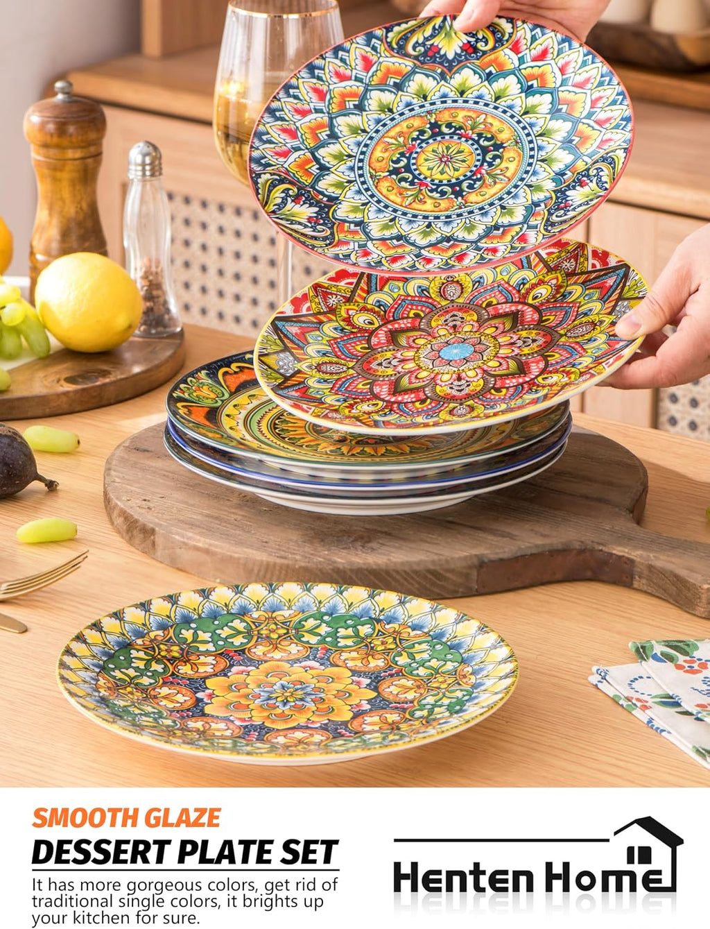 Henten Home Ceramic Dessert Plates Set of 6, 8.5 Inch Porcelain Salad Plate