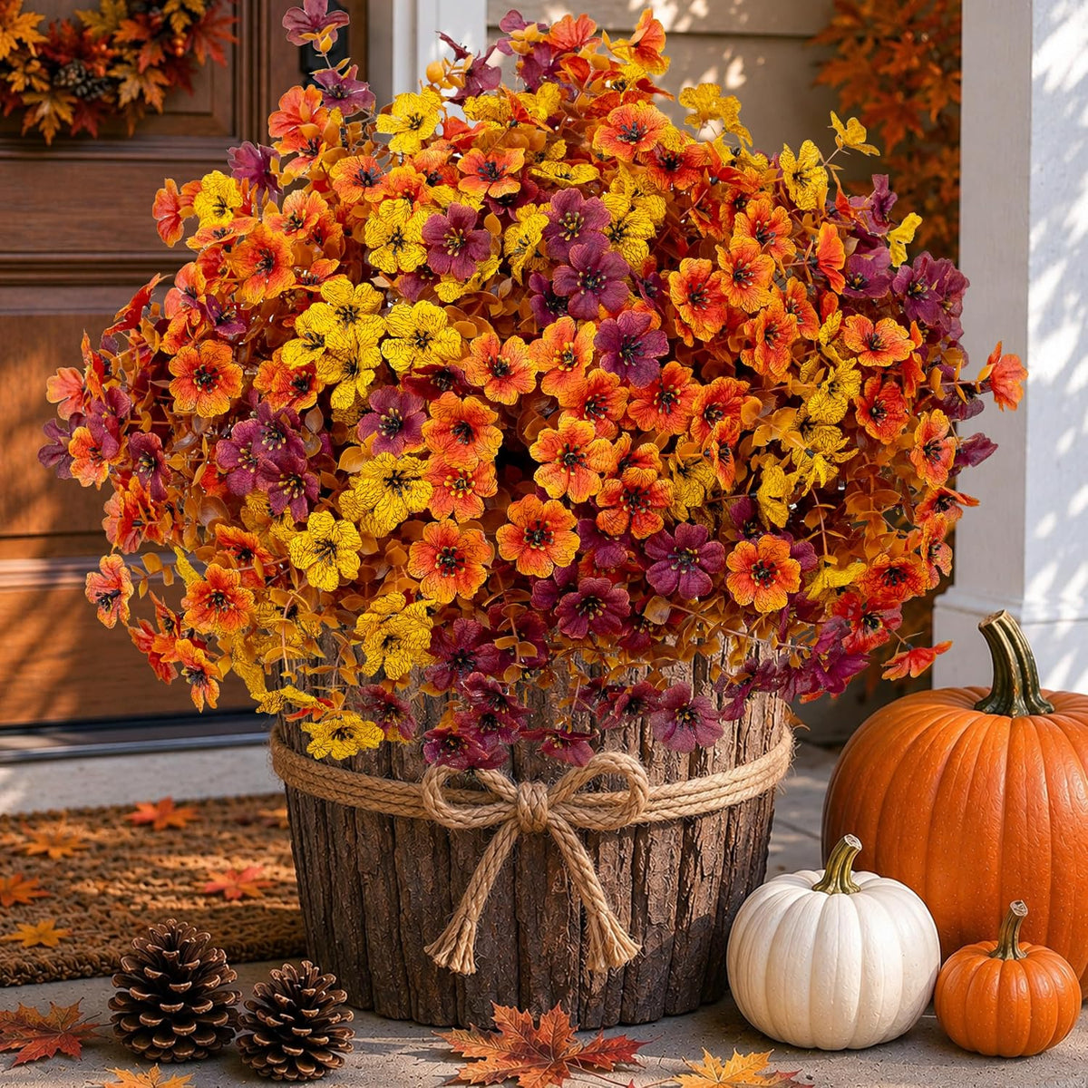 AXYLEX Artificial Fall Flowers Outdoor Fake Mums Brown Orange Yellow