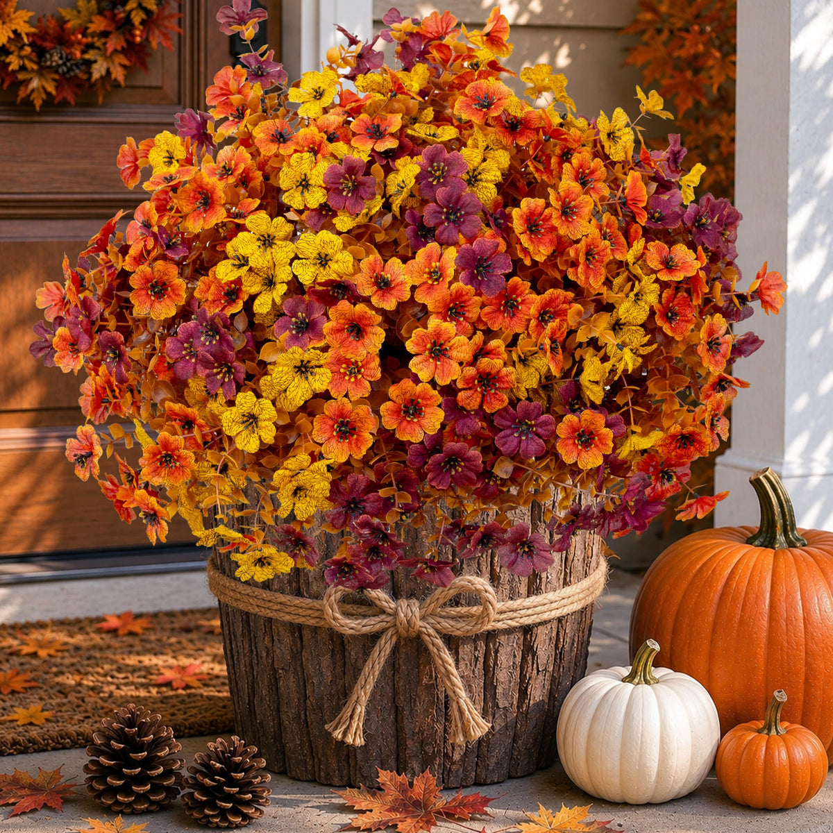 AXYLEX Artificial Fall Flowers Outdoor Fake Mums Brown Orange Yellow