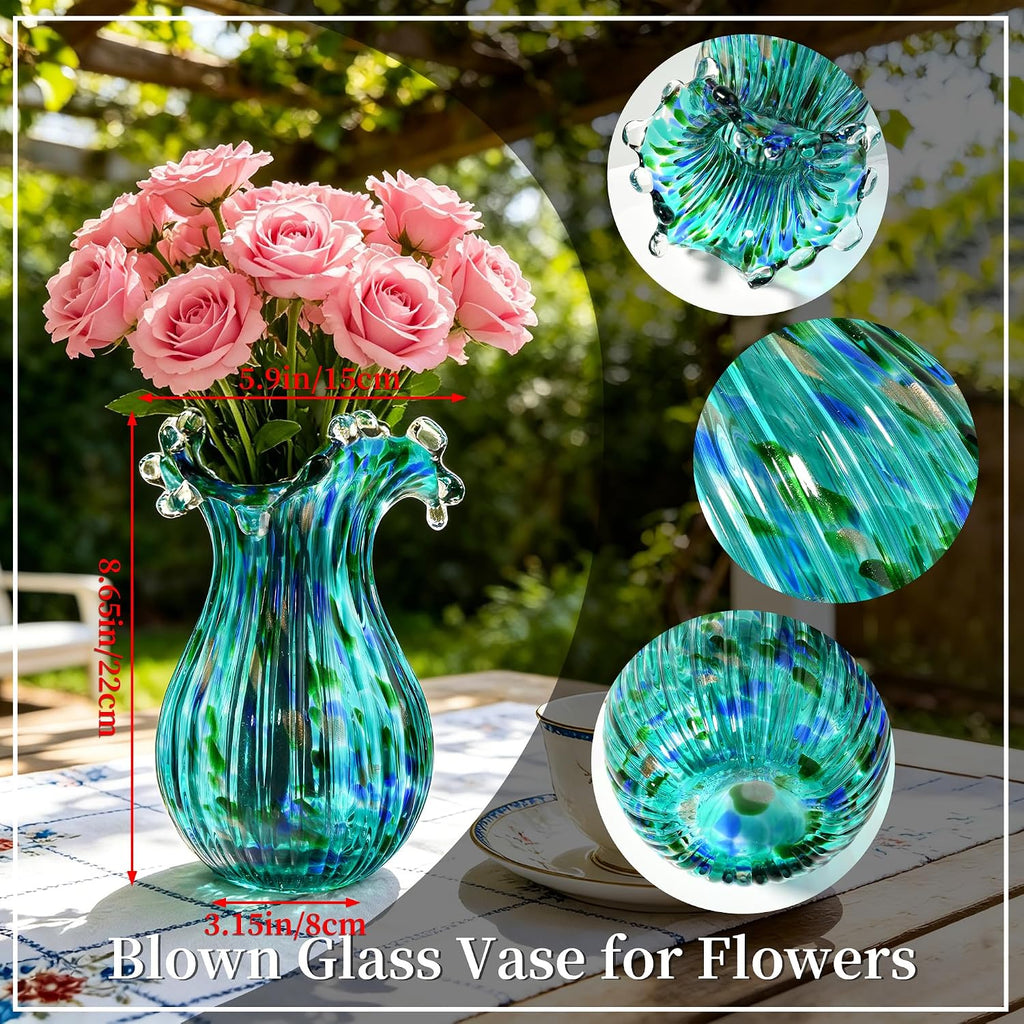 9 inch Tall Green Glass Vases for Flowers, Unique Hand Blown Glass Flower Vase, Large Turquoise Glass Home Table Centerpiece for Floral Bouquet Decorations