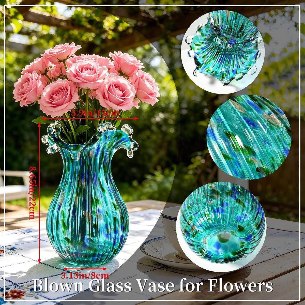 9 inch Tall Green Glass Vases for Flowers, Unique Hand Blown Glass Flower Vase, Large Turquoise Glass Home Table Centerpiece for Floral Bouquet Decorations