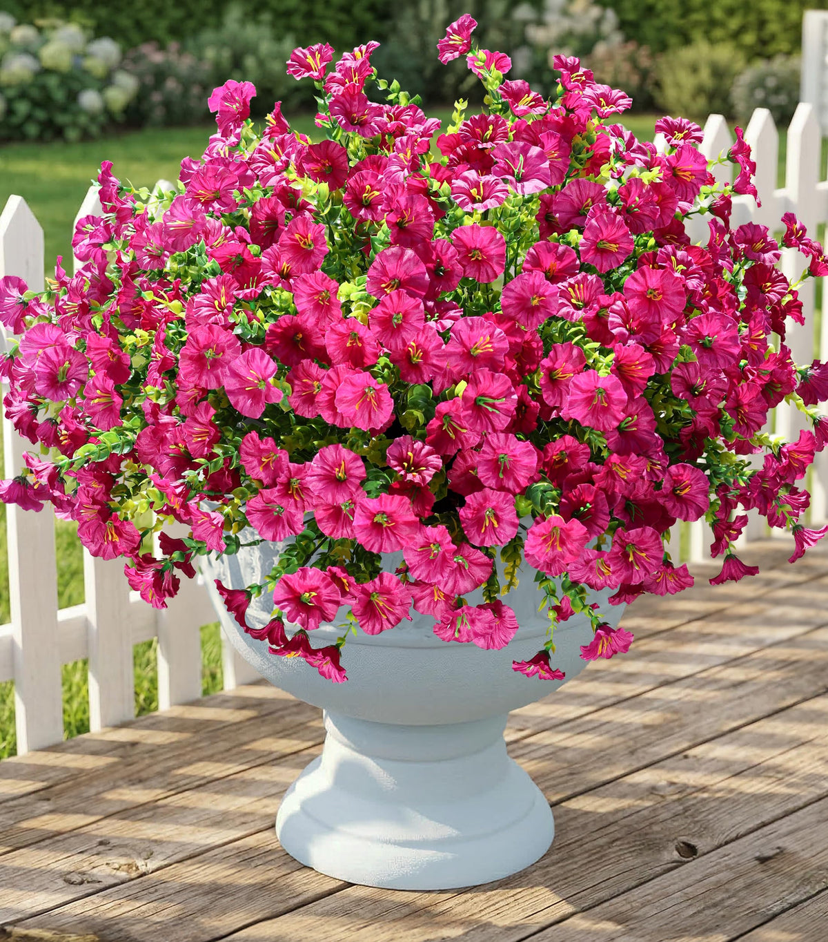 Fake Plants Artificial Flowers for Outdoor Outside Decor, 12 Bundles Faux Flowers Silk Hot Pink Morning Glory with Eucalyptus Look Real UV Resistant Faux Greenery for Planter Front Door Porch Patio