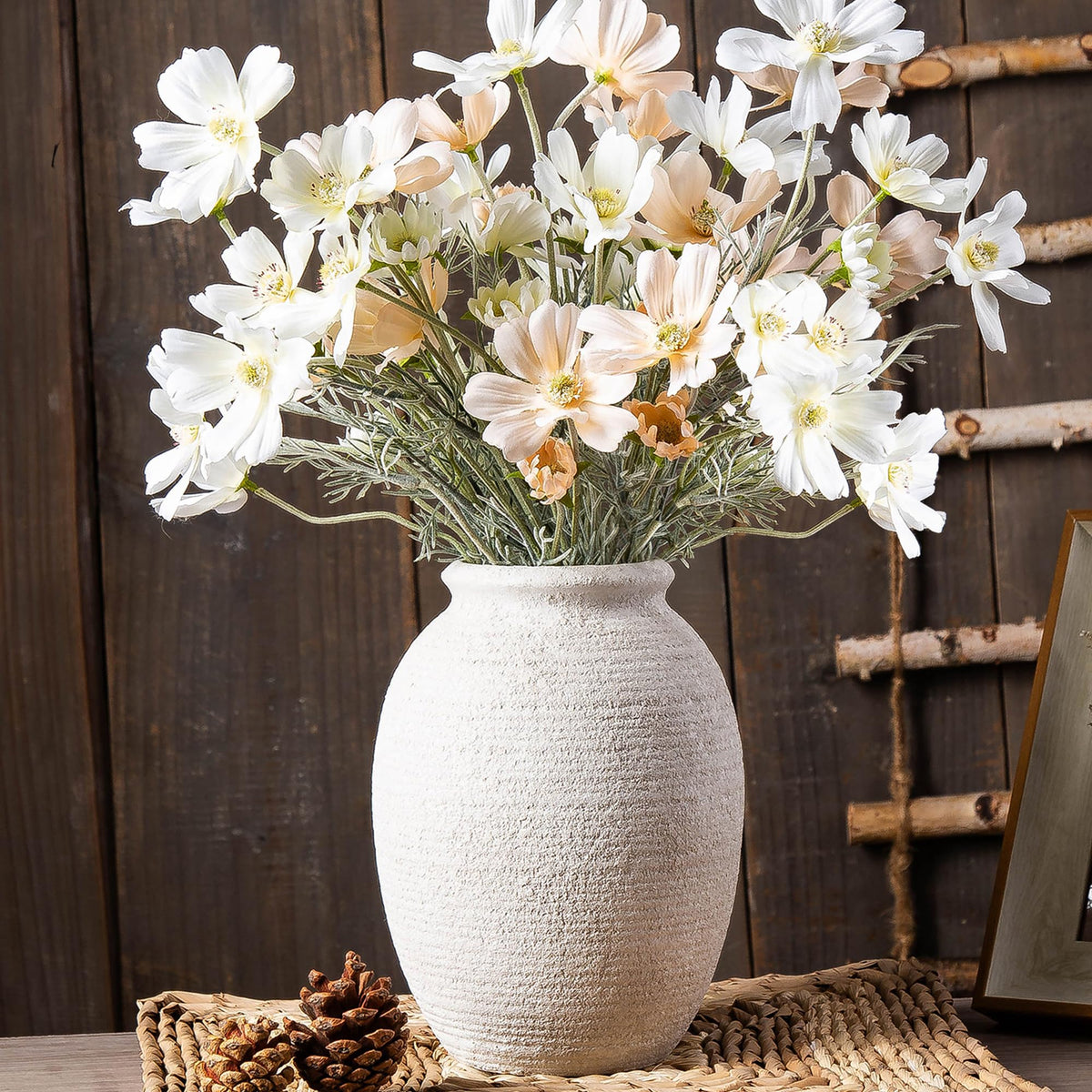 Ceramic Flower Vase, 7.4 Inch Rustic Farmhouse Pottery Decor