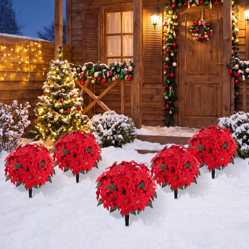 Sggvecsy Artificial Poinsettia Flowers 2 Pack for Grave Christmas with Pike