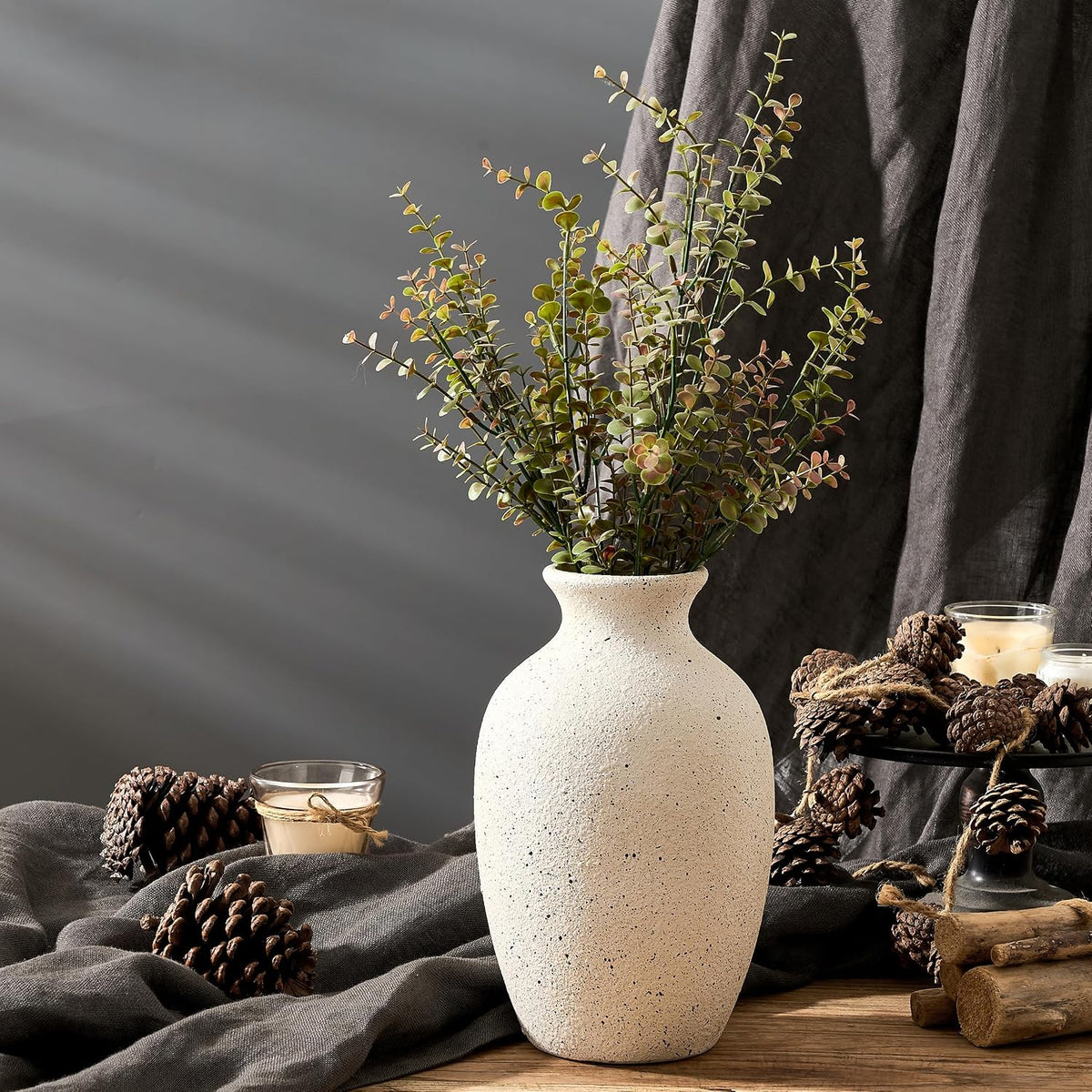 Large Ceramic Rustic Flower Vase, 10.43 Inch Tall Vintage Pottery Home Decor, Antique Farmhouse Terracotta Vase for Living Room, Table, Shelf, Mantel Decoration, Farmhouse - Cream-White
