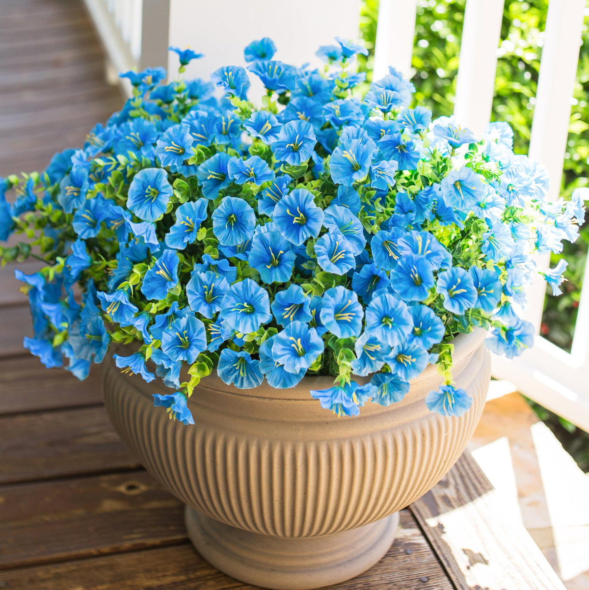 HyeFlora Artificial Flowers for Outdoors Fake Plants Outside Decoration, 12 Bundles Silk Colorful Morning Glory with Eucalyptus UV Resistant Realistic Faux Flowers for Planter Front Door Garden Yard