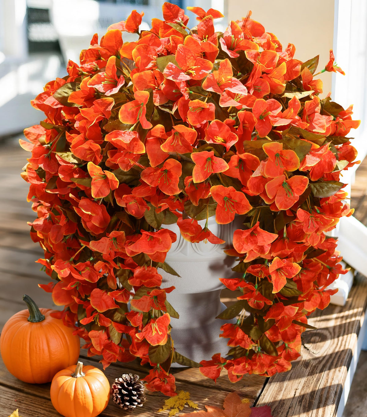 Artificial Bougainvillea Faux Flowers Plants for Outdoors Outside Fall Autumn Decor, 2 PCS Silk Trailing Vines UV Resistant Realistic Orange Fake Flowers for Planter Front Door Porch Patio Balcony