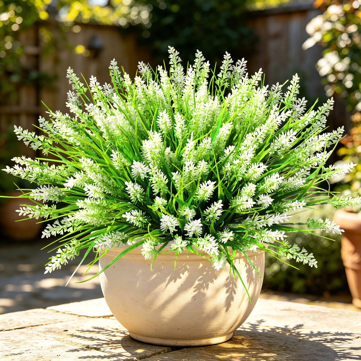 12 Bundles Faux Outdoor Plants, UV Resistant Artificial Fake Lavender Flowers with Monkey Grass for Outdoors, Realistic Faux Lavender Greenery Shrubs for Porch Yard Garden Window Box Home Decor