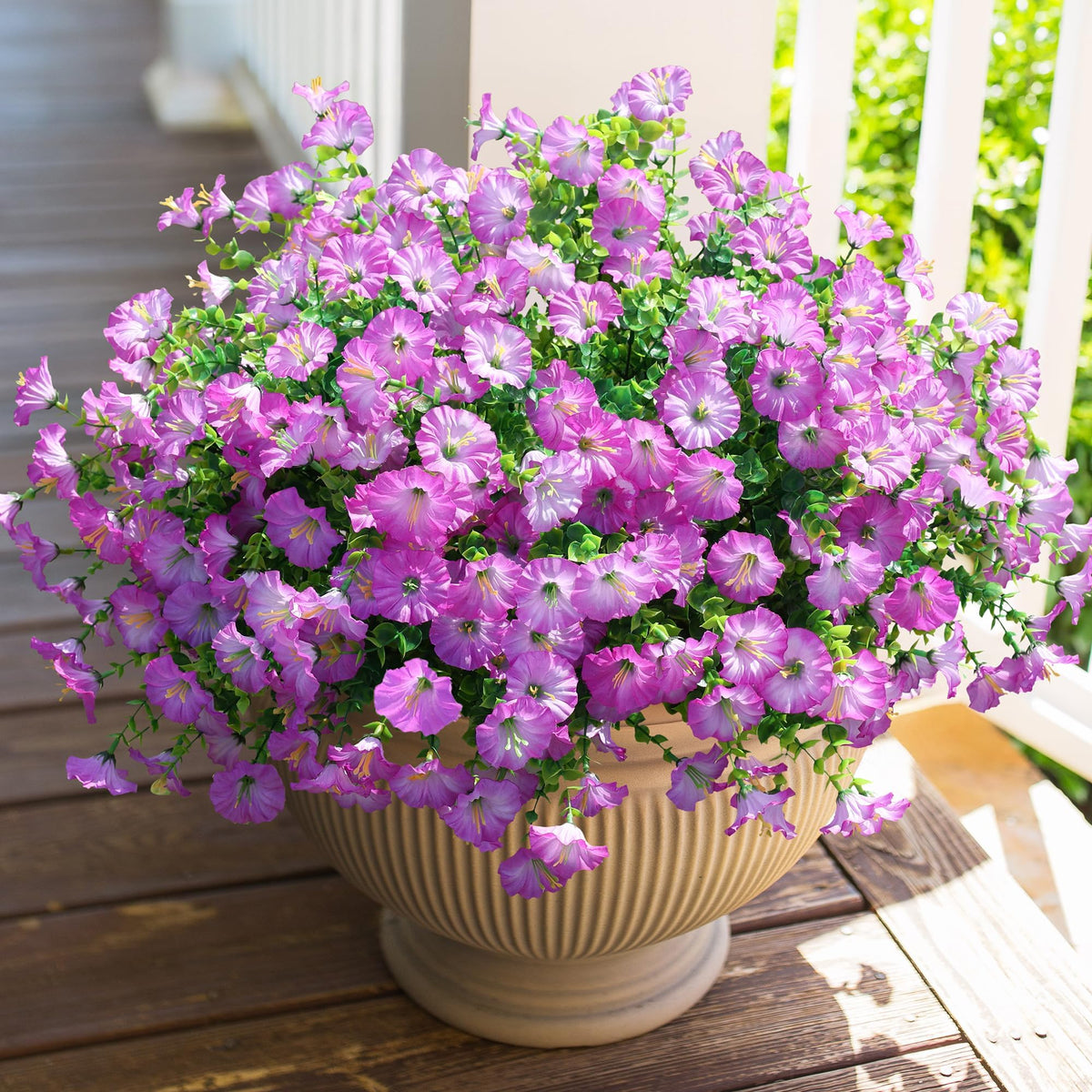 HyeFlora Artificial Flowers for Outdoors Fake Plants Outside Decoration, 12 Bundles Silk Colorful Morning Glory with Eucalyptus UV Resistant Realistic Faux Flowers for Planter Front Door Garden Yard